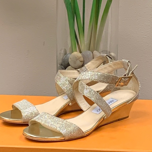 Jimmy Choo Gold Glitter Metallic Sandals Size 38.5 - Picture 1 of 14